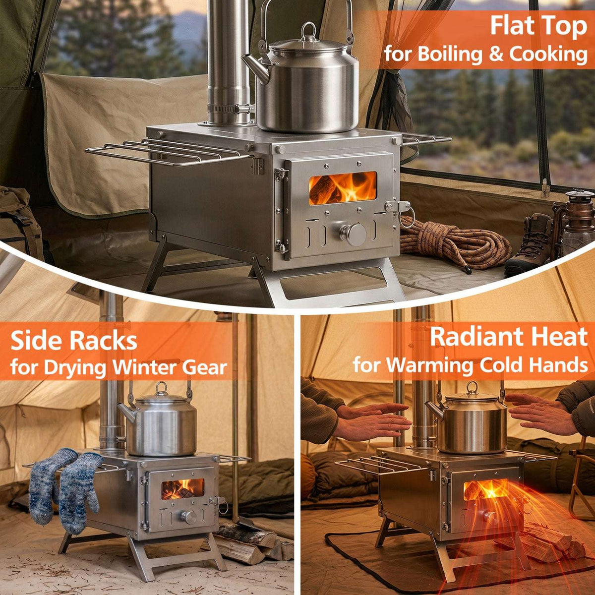 Silver wood-burning tent stove with flat cooking top, chimney pipe and side racks