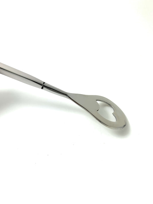 Stainless steel bottle opener tool with oval finger hole and long handle