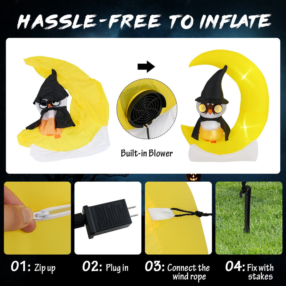 Halloween Inflatable Wizard Owl on Crescent Moon with LED Lights