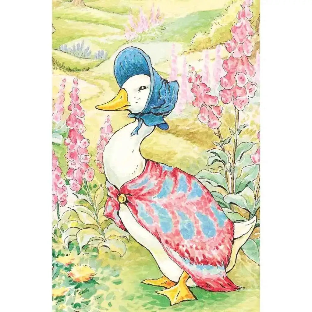Mini jigsaw puzzle artwork of blue duck in pink dress with flowers in garden