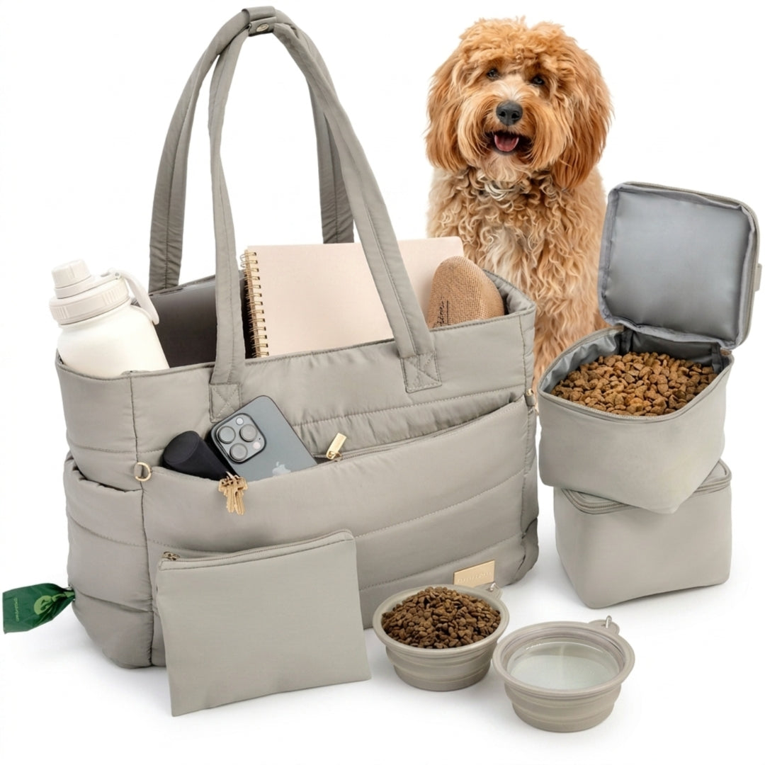 Rubyloo Puffer Dog Travel Bag | Quilted Nylon Tote | 9 Pockets | Bowls & Containers Included | 6 Colors