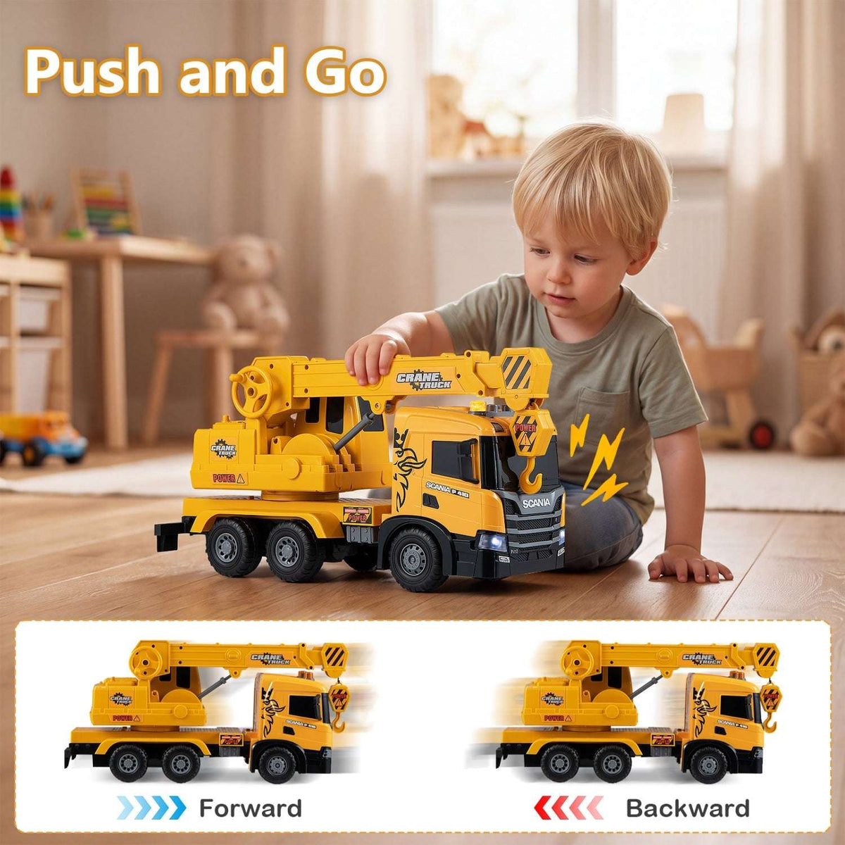 Yellow Scania crane truck toy with boom folded over the cab, shown moving forward and backward.
