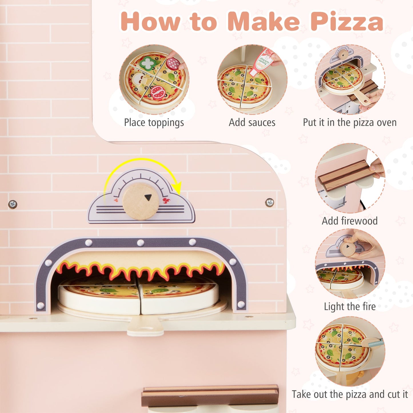 Kids Wooden Pizza Food Truck Pretend Play Cart | 40-Piece Set | ASTM & CPSIA Certified | Ages 3+ | Pink