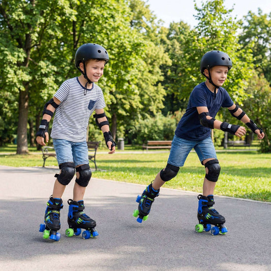Blue kids quad roller skates with light-up wheels and adjustable ankle straps