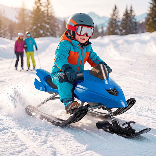 Blue kids snow racer sled with steering handle and brakes, child riding on snow