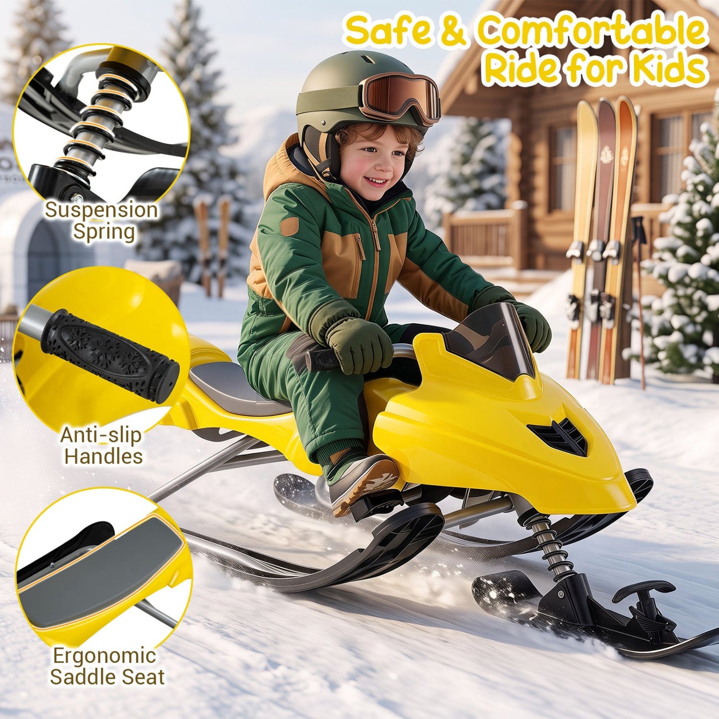 Snow Racer Sled for Kids | Brakes, Steering & Spring Suspension | Ages 6–12 | 90 lb Capacity | 3 Colors