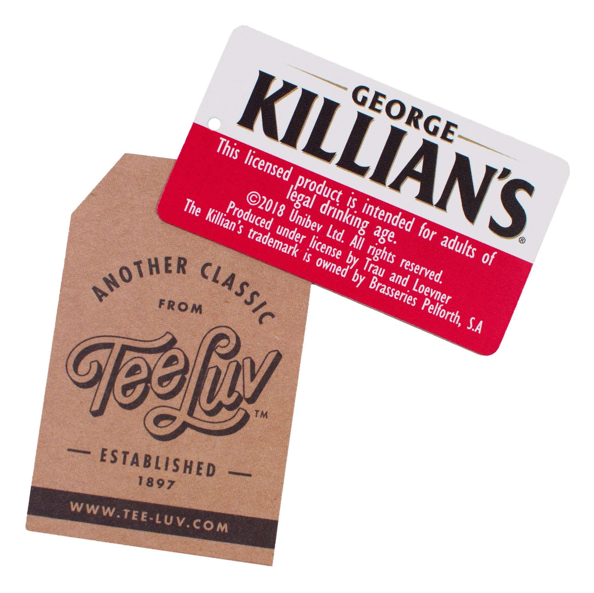 Red T-shirt hang tags: George Killian's license tag and Teeluv logo tag