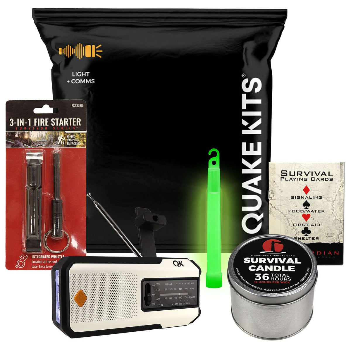 Emergency survival kit pack with flashlight, fire starter, survival candle, and playing cards
