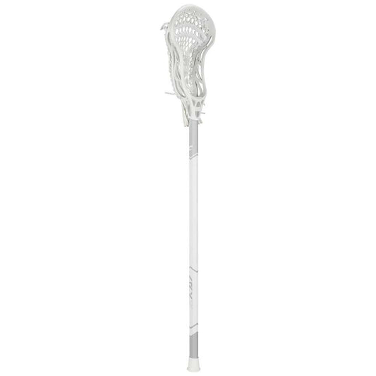 White lacrosse stick side view with mesh pocket head and long cylindrical shaft