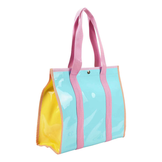 Colorblock vinyl tote bag with teal panels and pink straps, top handles, yellow side pocket