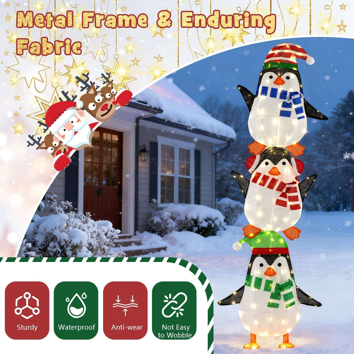 Illuminated three-penguin decoration with durable fabric and metal frame.