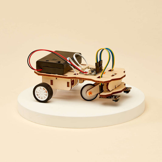 Assembled line-following robot with two wheels and electronic module