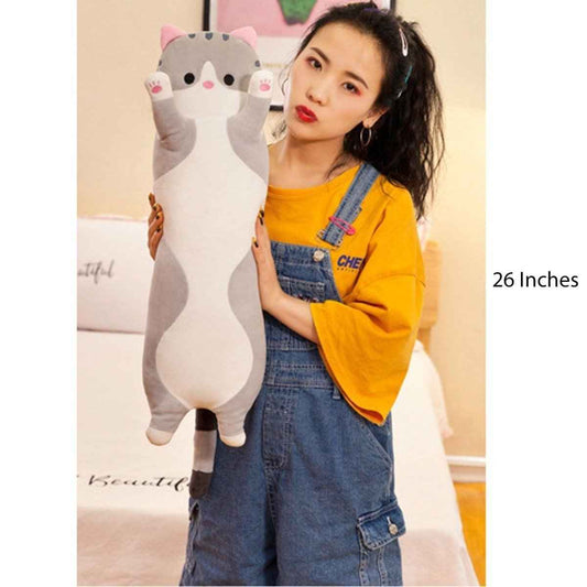 Grey and white long cat plush pillow with pink ears, rosy cheeks, and paw-print details