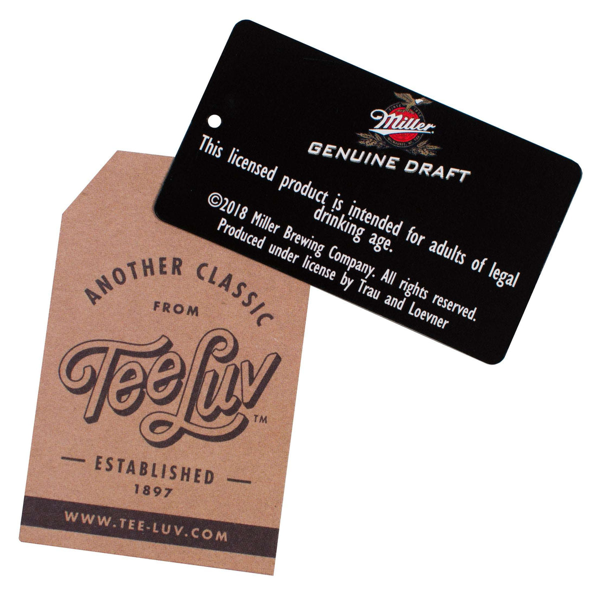 T-shirt license label cards: Miller Genuine Draft and TeeLuv branding