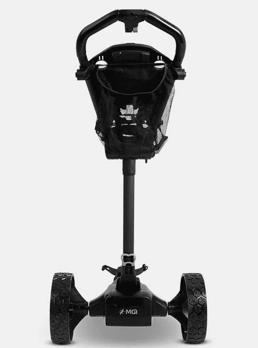 Black electric assist golf push cart front view with mesh basket and wide tires