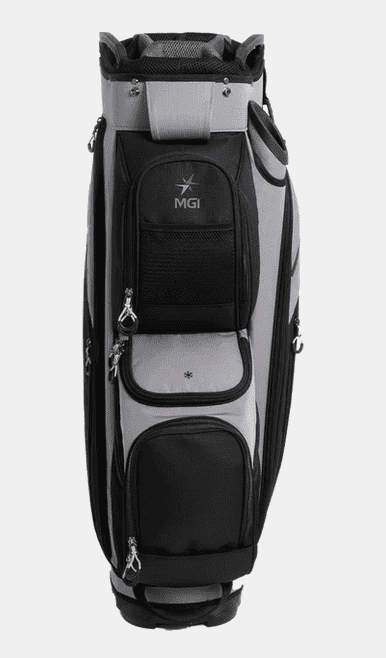 MGI Lite-Play golf bag, black with gray top, front organizer pocket and straps