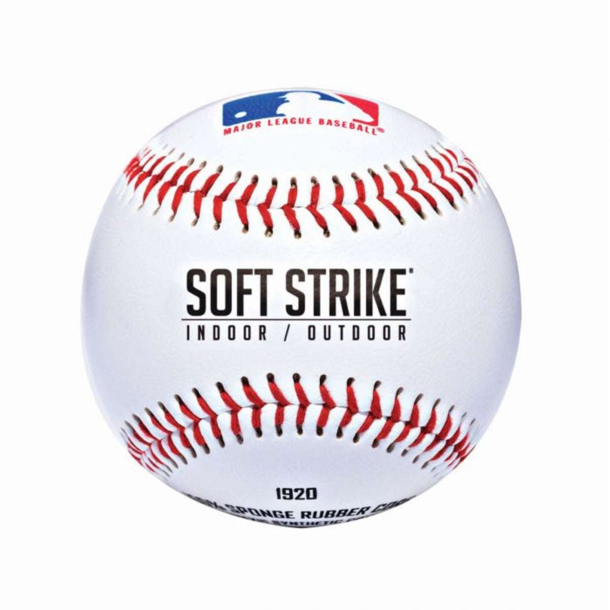 White Soft Strike baseball with red seams and Major League Baseball branding