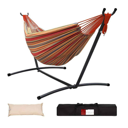 Red and gold striped double hammock with steel stand and hanging end ropes.