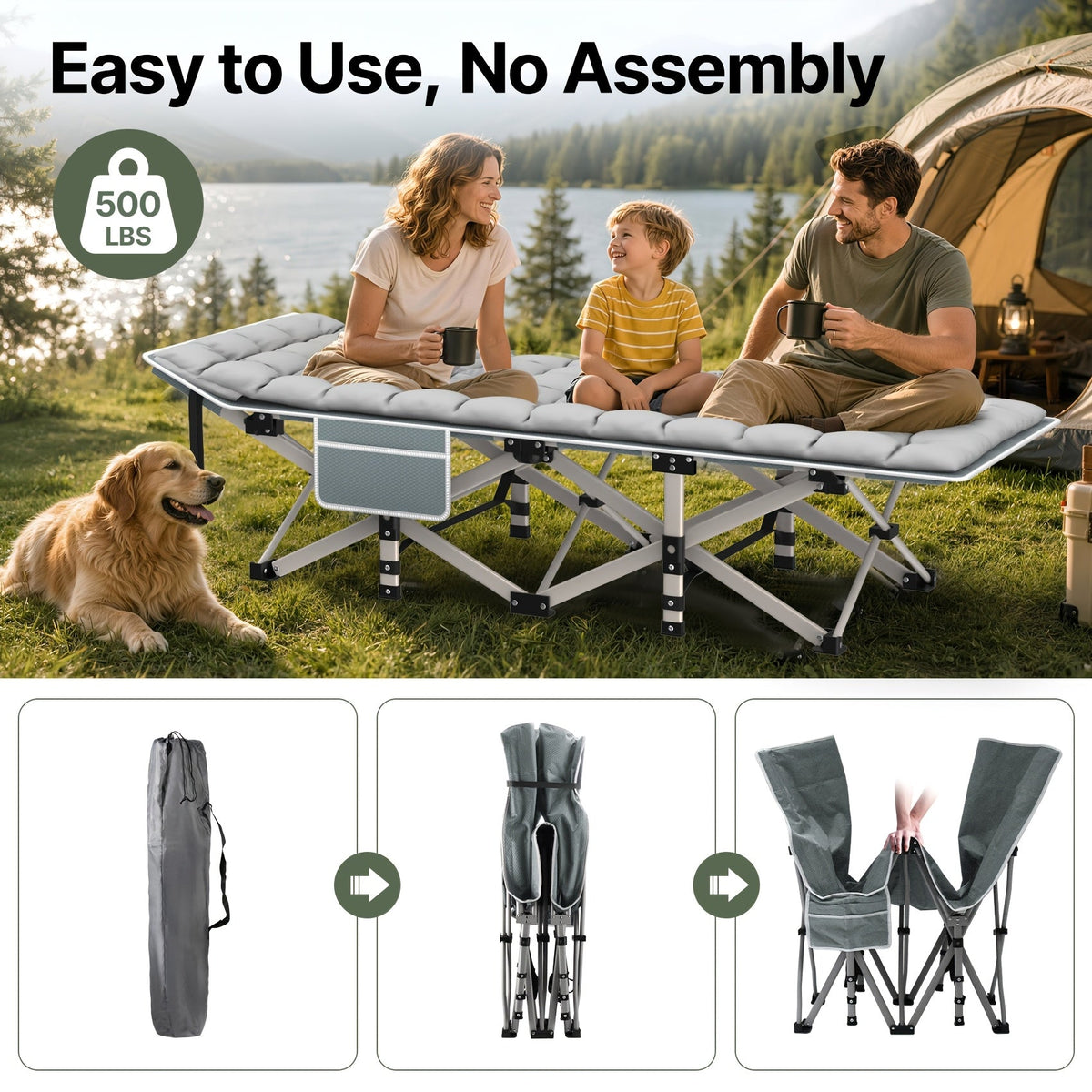 Folding Camping Cot Bed for Adults with Soft Pad & Carry Bag