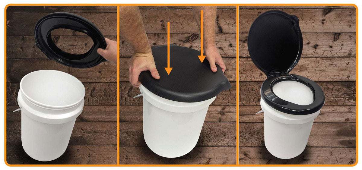 Black toilet seat lid snaps onto a 5-gallon portable toilet bucket rim