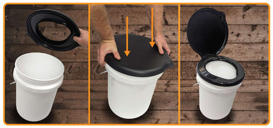 Black toilet seat lid snaps onto a 5-gallon portable toilet bucket rim