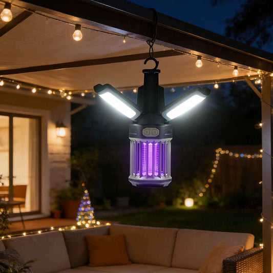 Hanging black bug zapper lantern with foldable arms, purple UV glow, and bright side lights