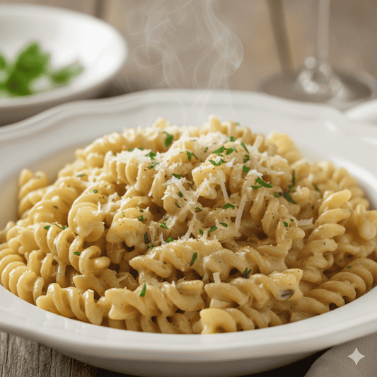 Creamy pasta alfredo in a white bowl, topped with herbs and grated cheese
