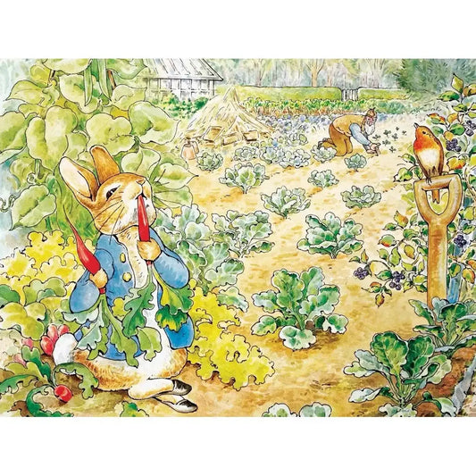 Jigsaw puzzle artwork showing Peter Rabbit and friends in a lush garden