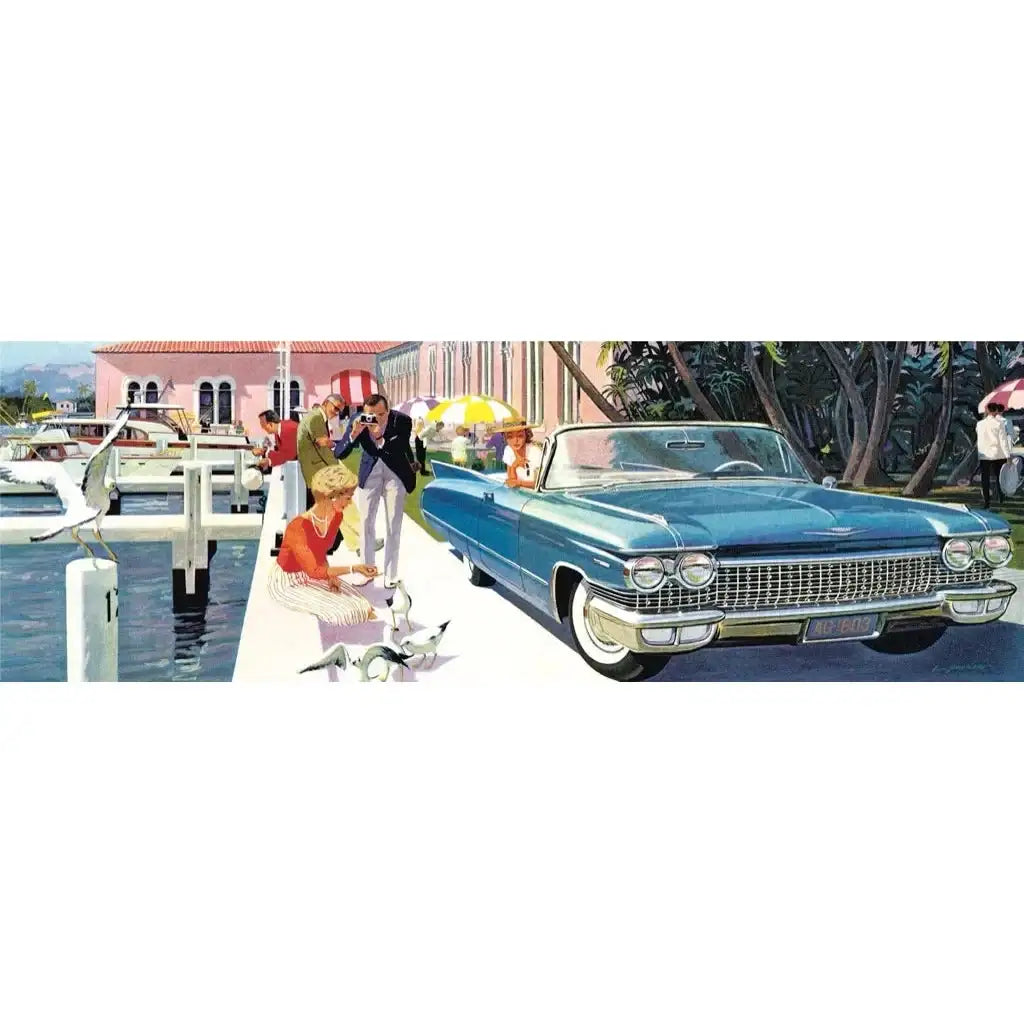 Panoramic jigsaw puzzle artwork with blue convertible car and people