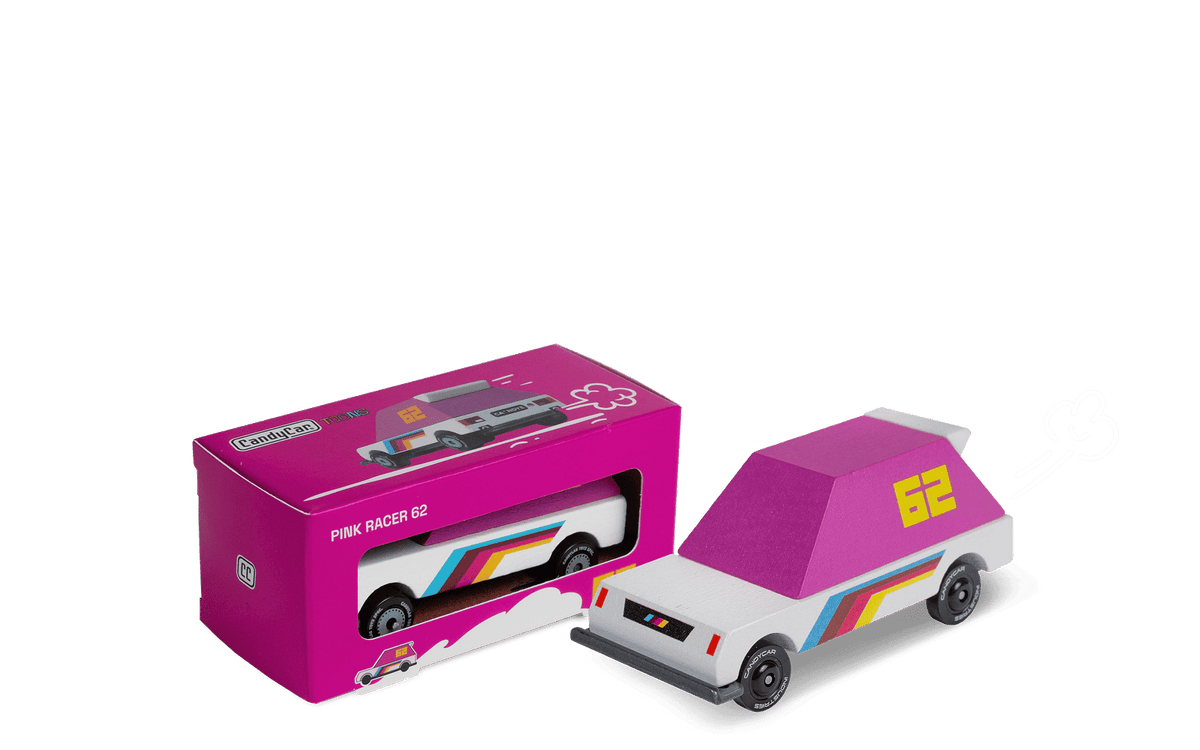 Pink toy car in box, 62 on side panel, colorful racing stripes