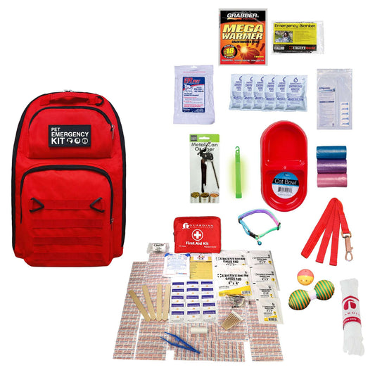 Red cat emergency go-bag with medical and survival items, gloves, warming pack