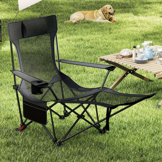 Black reclining camping chair with adjustable backrest and removable footrest
