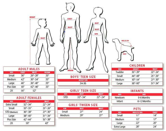 Size chart graphic for adult police costume, showing men's, women's, and kids measurements
