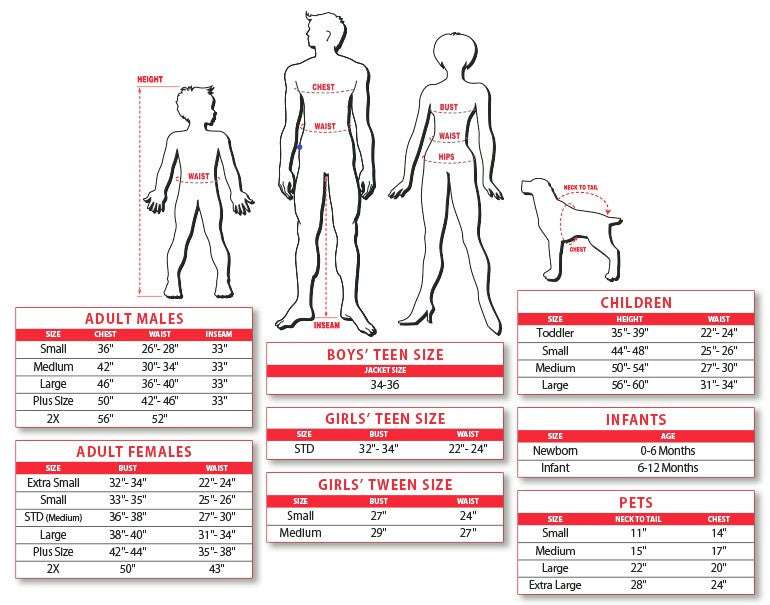 Costume size chart showing adult, teen, infant, and pet measurements in inches
