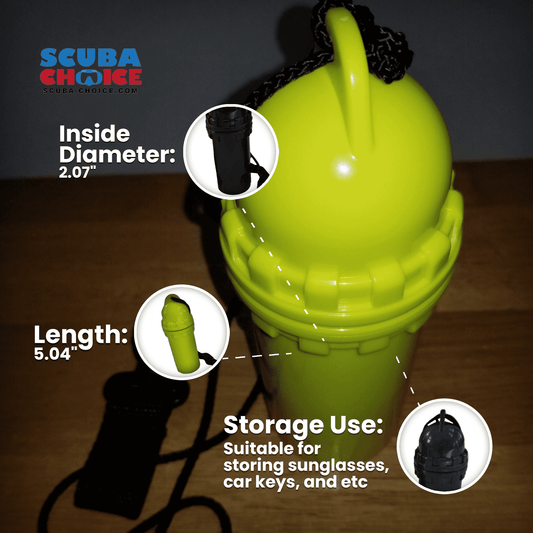 Yellow cylindrical waterproof dry box with lid and clip, with black lanyard strap
