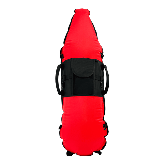 Red torpedo buoy float with black storage pocket and side carry straps