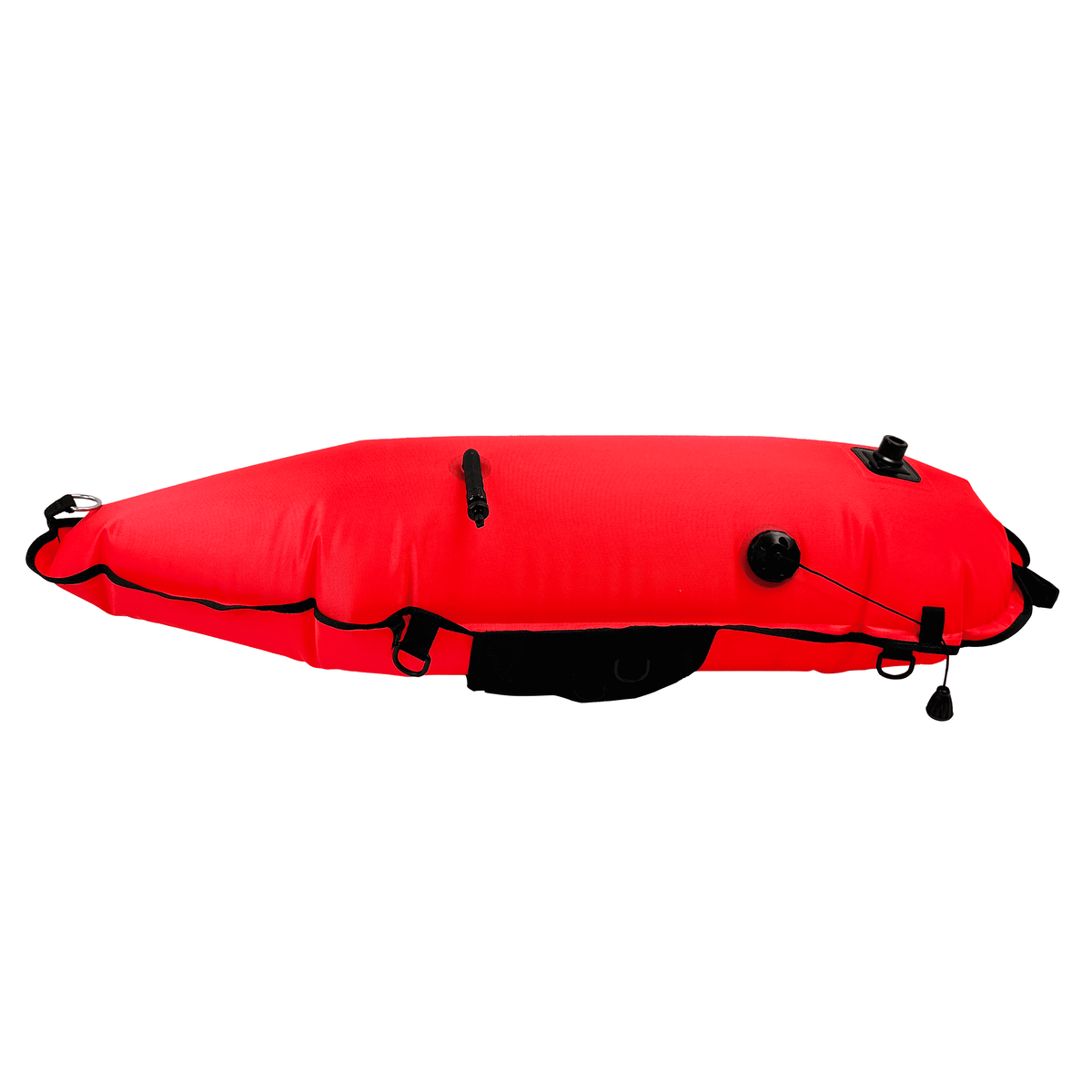 Red torpedo buoy float laid on side with black straps and top valve