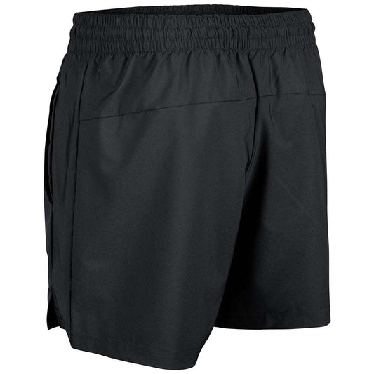 Black tech stretch woven shorts, 7-inch inseam; elastic waistband, back yoke (back)