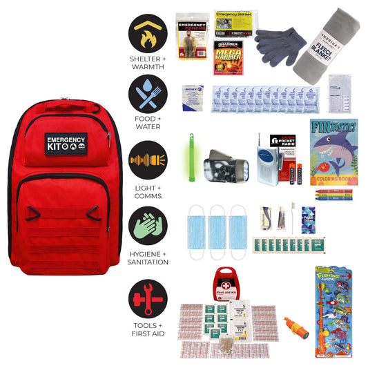 Red children’s emergency kit backpack with assorted supplies and labeled accessories