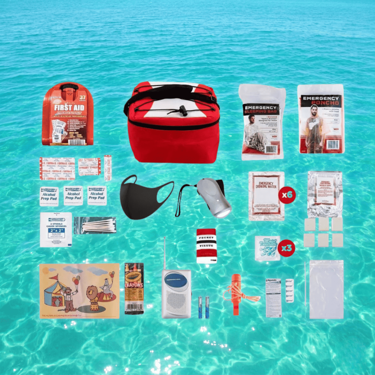 Red emergency survival kit bag with face mask, water sachets, and first-aid packages