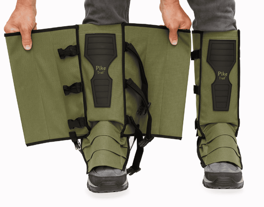 Olive drab snake gaiters with front protective panels and multiple fastening straps.