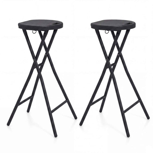 Pair of black folding bar stools with round tops and crossed metal legs