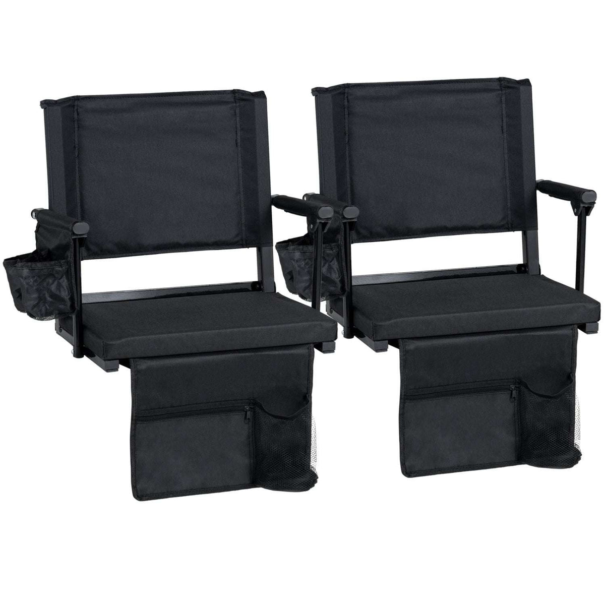 Set of 2 black folding stadium seats with cup holders and front storage pockets