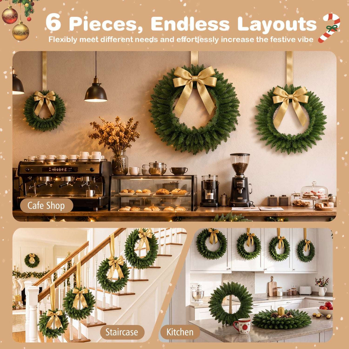 Six green artificial Christmas wreaths arranged in different room settings