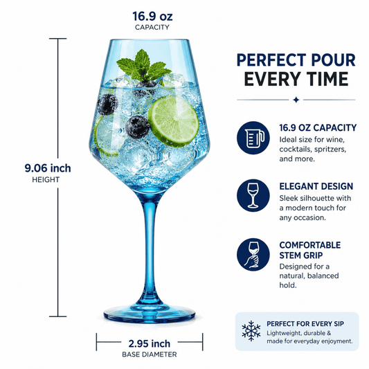 Blue stemmed acrylic wine glass with ice, mint, and lime slices inside