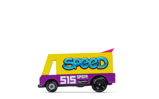 Speed Vandal toy car, front view, yellow and purple with Speed logo and 515