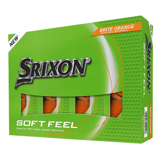Srixon Soft Feel Brite golf ball box in bright orange, Speed Dimple 338