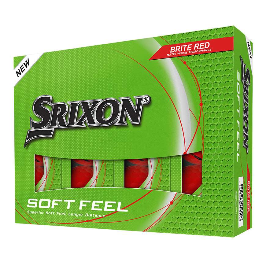 Srixon Soft Feel Brite golf ball box in bright red, Speed Dimple 338