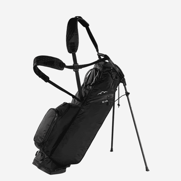 Lightweight golf stand bag in black with textured top and open front storage panel