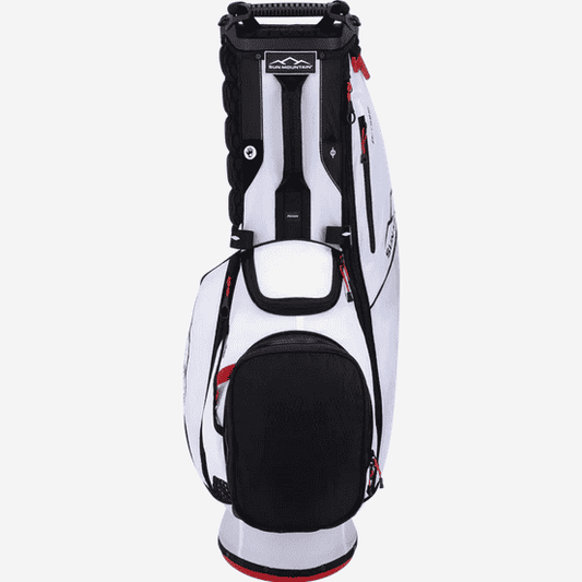 Junior golf stand bag in black with white panel, dual straps, 14-way top view.